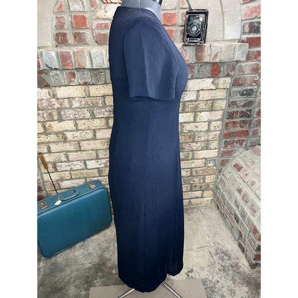 Dress 1980s Navy pleated bodice swing skirt shoulder pads - Picture 6 of 10